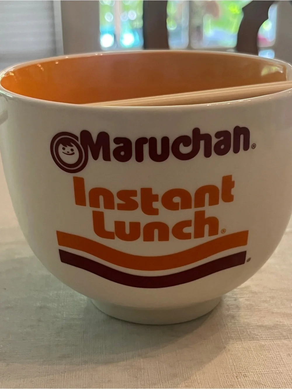 Classic Instant Lunch White & Orange Ceramic Ramen Bowl. W/ chopsticks